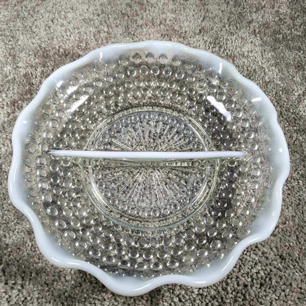 Fenton Hobnail Divided Dish Clear Opalescent Ruffle Rim Glass Relish Tray